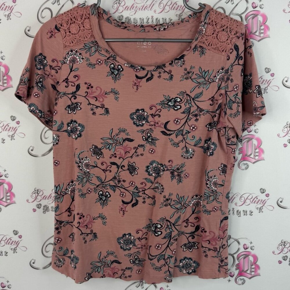 Cleo universal fit tshirt tee pink flower Floral Crochet Short Sleeve Tee Mauve